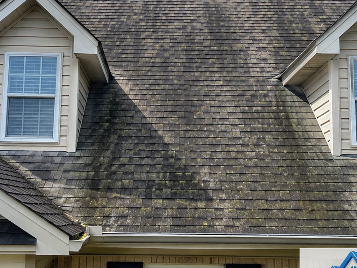 Dirty asphalt shingle roof with black streaks